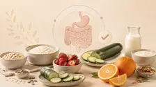 Ilustración del sistema digestivo junto a alimentos bajos en FODMAP como arroz, pepino, zapallo italiano, naranjas y yogur