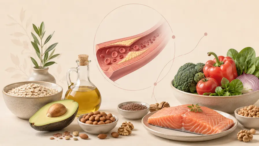 Ilustración de una arteria con colesterol junto a alimentos cardiosaludables como salmón, palta, aceite de oliva y verduras