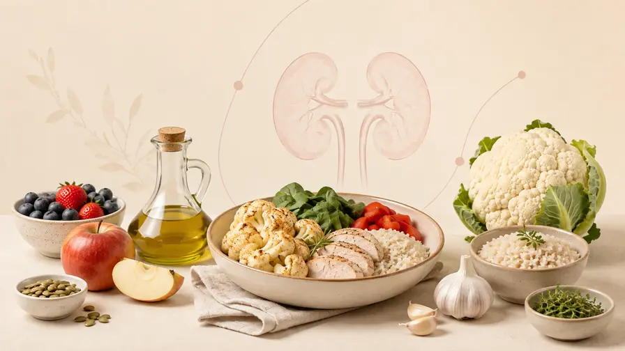 Ilustración de riñones junto a un bowl saludable con pollo, coliflor y verduras para etapas tempranas de enfermedad renal