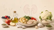 Ilustración de riñones junto a un bowl saludable con pollo, coliflor y verduras para etapas tempranas de enfermedad renal