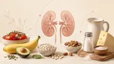 Ilustración de riñones junto a alimentos ricos en potasio, fósforo y sodio como plátano, palta, legumbres, frutos secos y sal