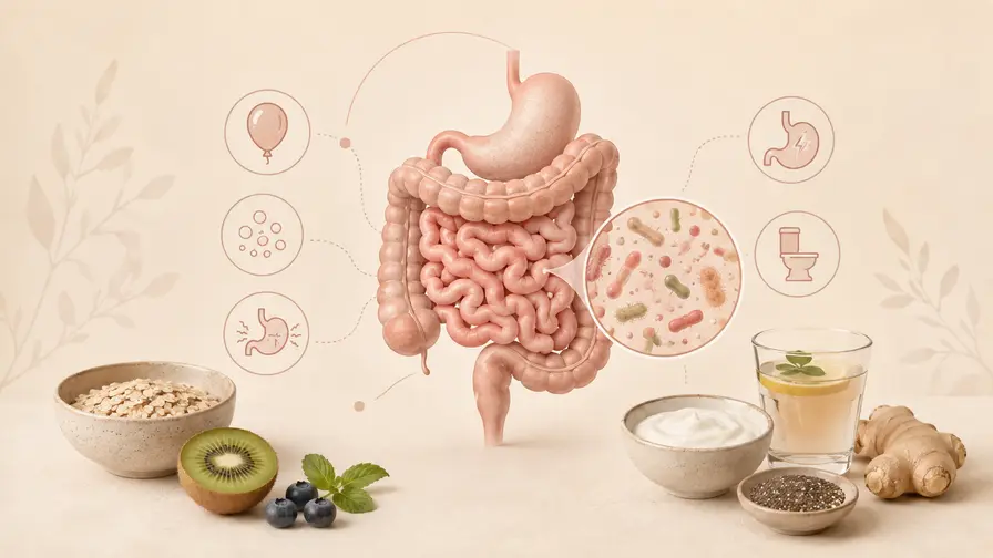 Ilustración del intestino con bacterias y síntomas digestivos asociados al SIBO, junto a alimentos como avena, kiwi, yogur y jengibre